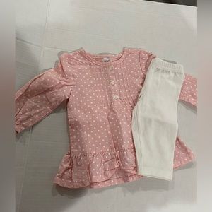 Carters baby girl pink with white hearts long sleeve top w leggings size 12M